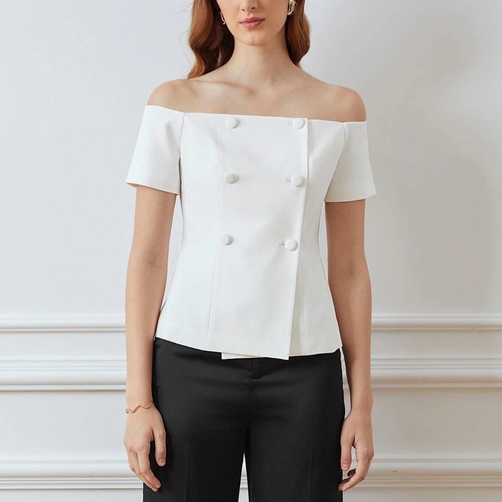 Button Detailed Off Shoulder Blouse White - Picture 2 of 4